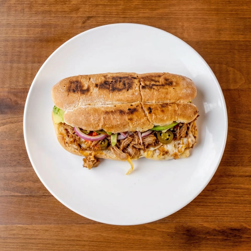 A delicious pulled pork sandwich with melted cheese, avocado, red onion, and jalapeños on a white plate.