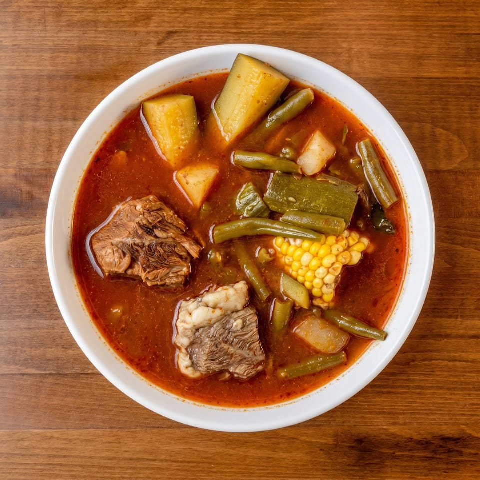 Hearty beef stew with corn, green beans, potatoes, and zucchini in a white bowl on a wooden table.