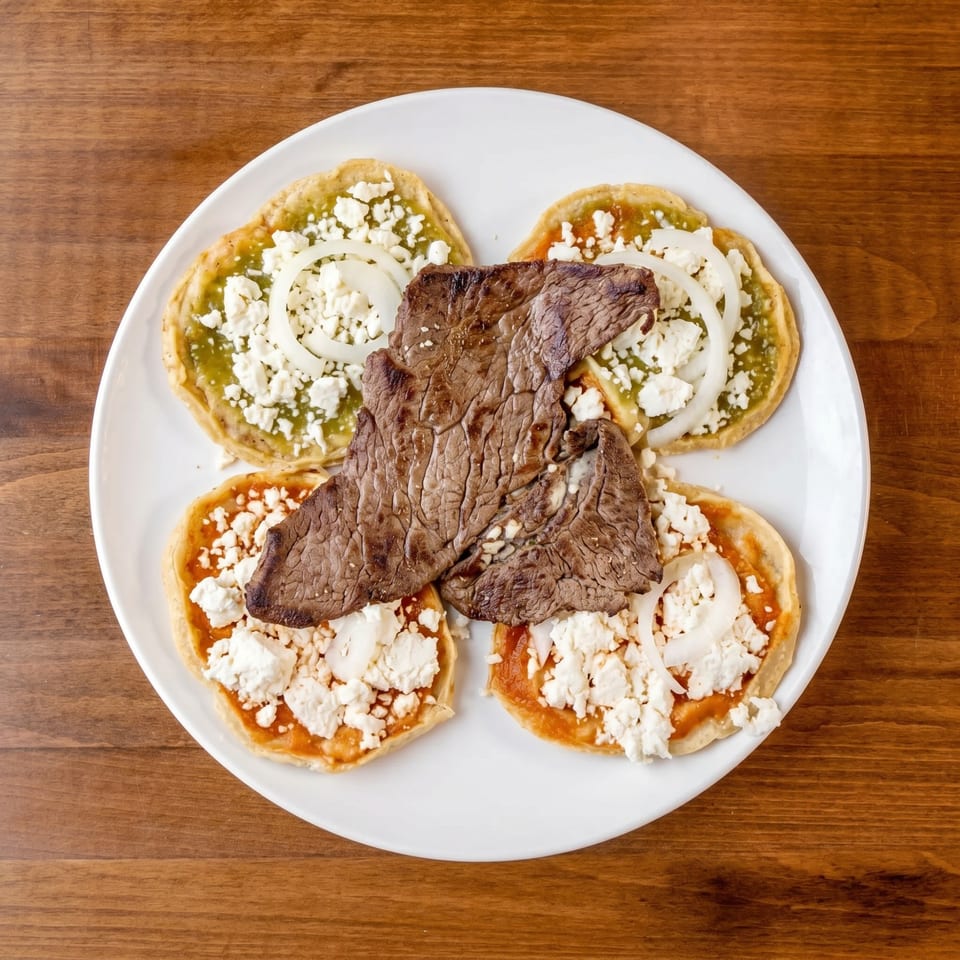 Four sopes, two with green sauce and two with red sauce, topped with cheese, onions, and steak.