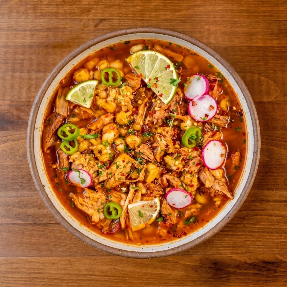 Overhead view of a bowl of pozole with shredded meat, hominy, radishes, lime, and jalapeños.