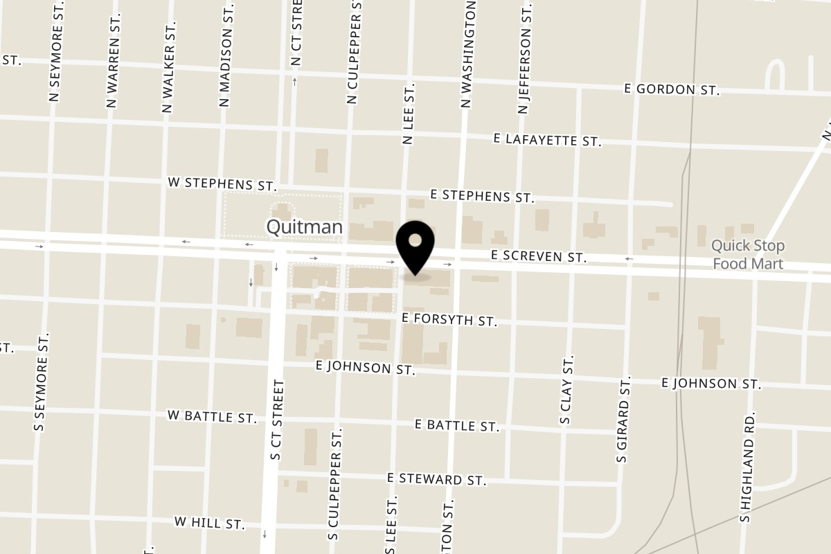 Map showing the location of La Poblanita Store and Mexican Restaurant on 303 E Screven St in Quitman